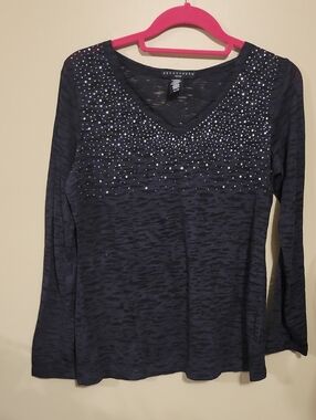 Apostrophe Black V-Neck Long-Sleeve Top with Rhinestone Accent, Sheer,